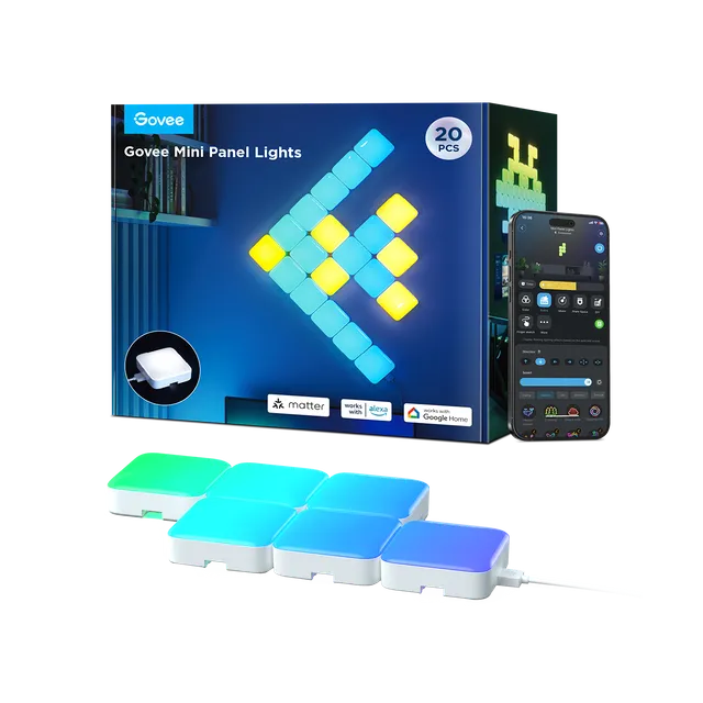 govee-mini-panel-lights-pack-de-20-panneaux-lumineux-muraux-rgbic-avec-reconnais image 1