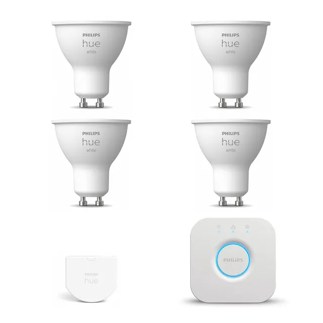 philips-hue-white-kit-de-d-marrage-gu10-4-spots-lumi-re-blanche-chaude-hue-bridg image 1