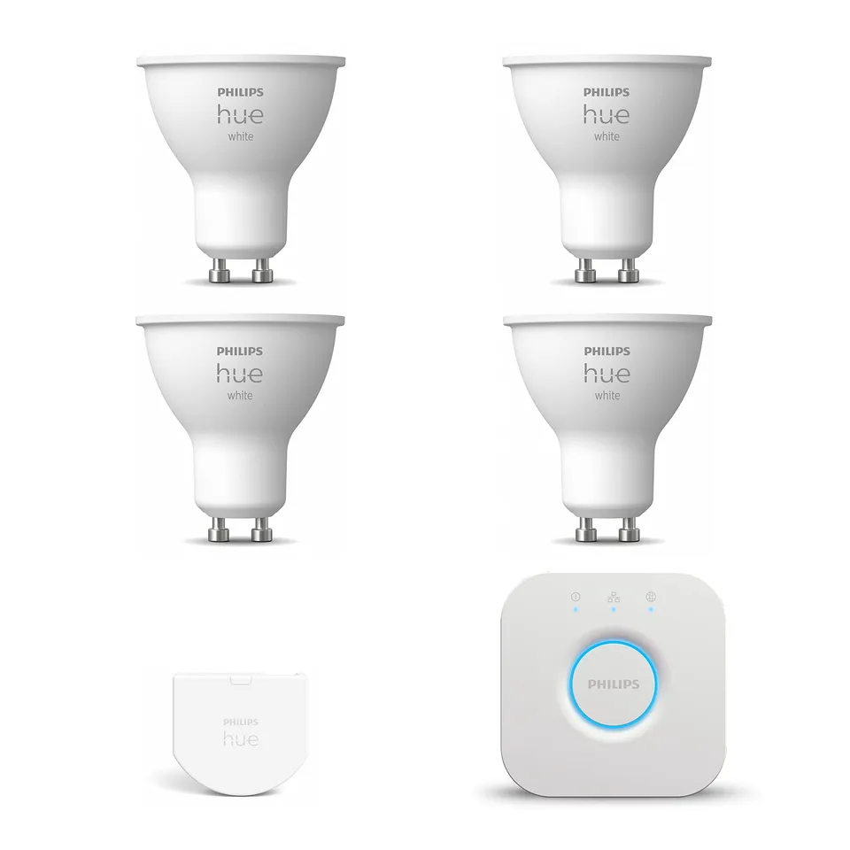 philips-hue-white-kit-de-d-marrage-gu10-4-spots-lumi-re-blanche-chaude-hue-bridg image 1