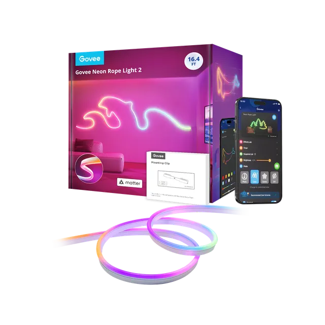 Govee Neon Rope Light 2 – Ruban lumineux néon RGBIC intelligent avec reconnaissance de formes et clips de courbure améliorés
