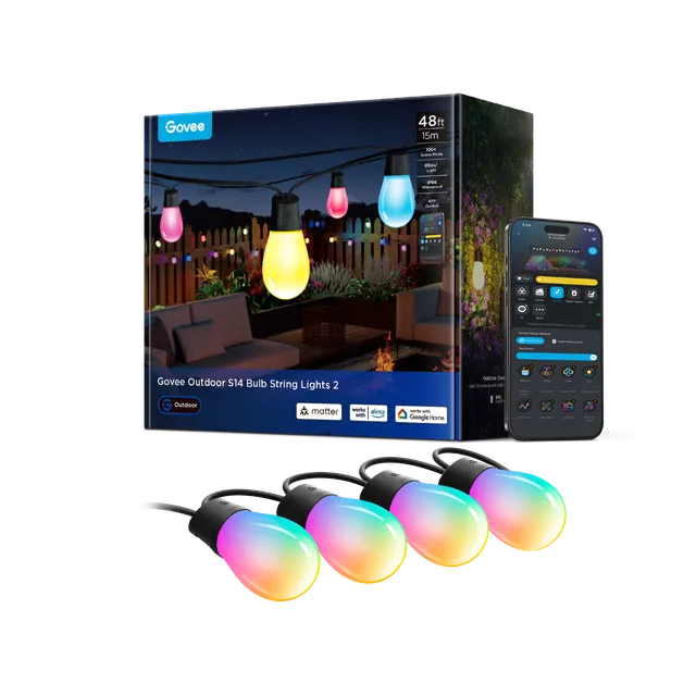 Govee S14 Bulb String Lights 2 – Guirlande lumineuse extérieure intelligente RGBW, IP66 étanche, compatible Matter, 100+ scènes