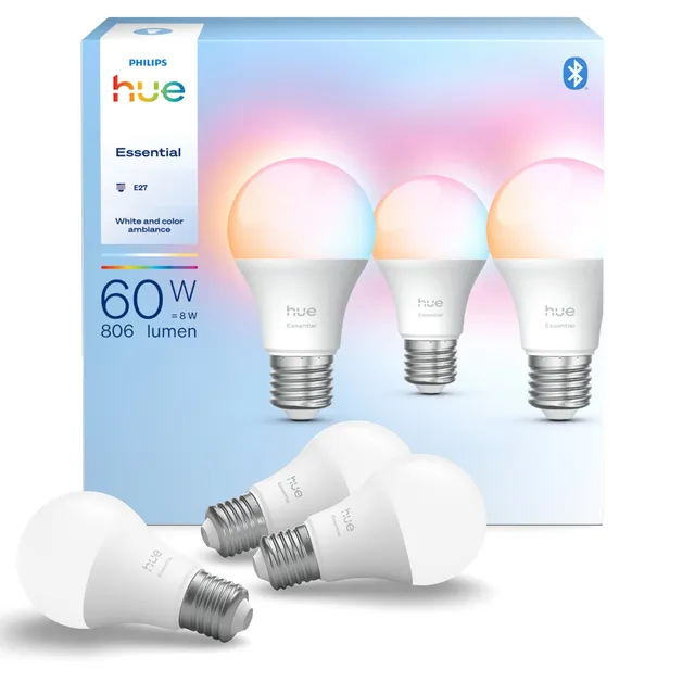 philips-hue-essential-lot-de-3-ampoules-e27-a60-lumi-re-blanche-et-color-e-8-w-b image 1