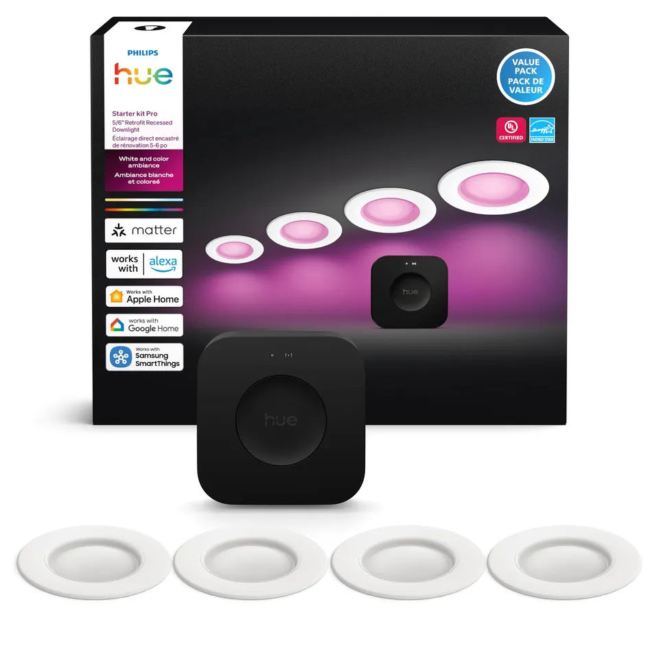philips-hue-starter-kit-hue-bridge-pro-sans-fil-4-downlights-minces-5-6-pouces-b image 1