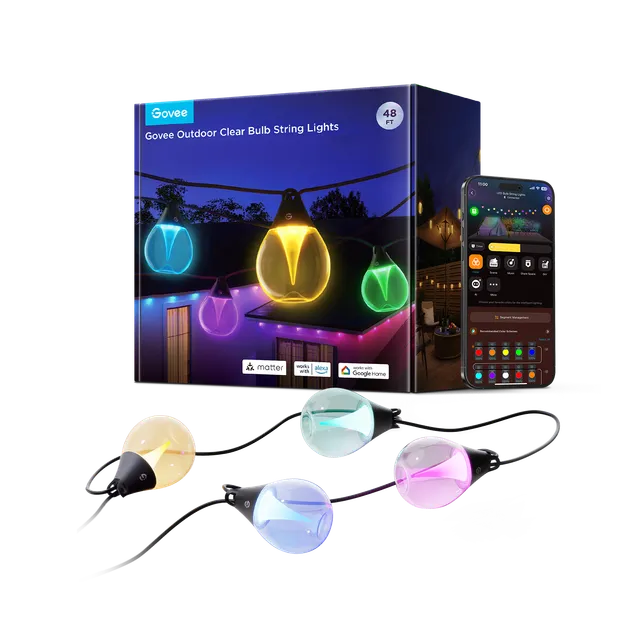 Govee Outdoor Clear Bulb String Lights – Guirlande extérieure intelligente à ampoules transparentes RGB, 48 ft, IP67 étanche, 1200 lumens
