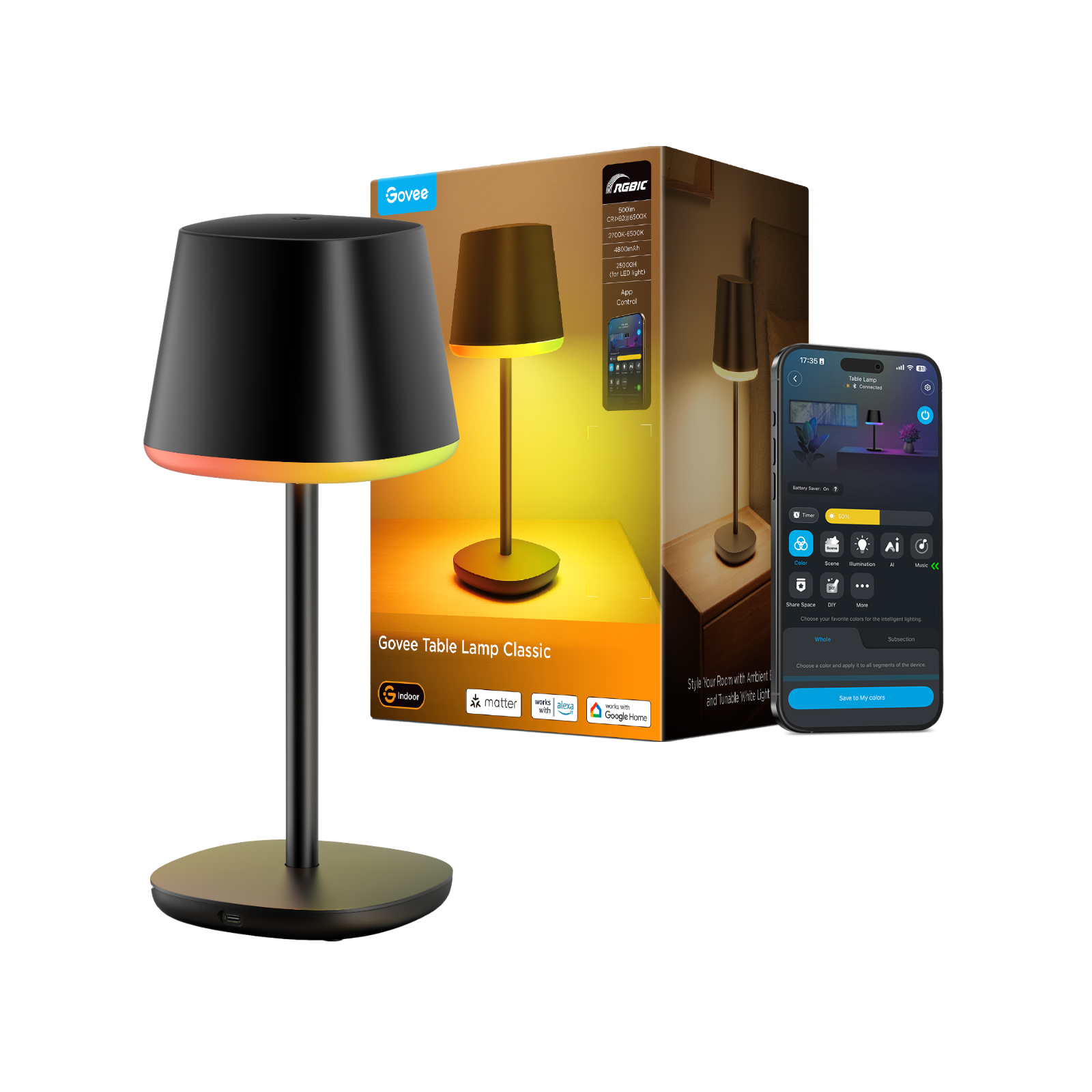 govee-table-lamp-classic-lampe-de-table-intelligente-rechargeable-sans-fil-noire image 1