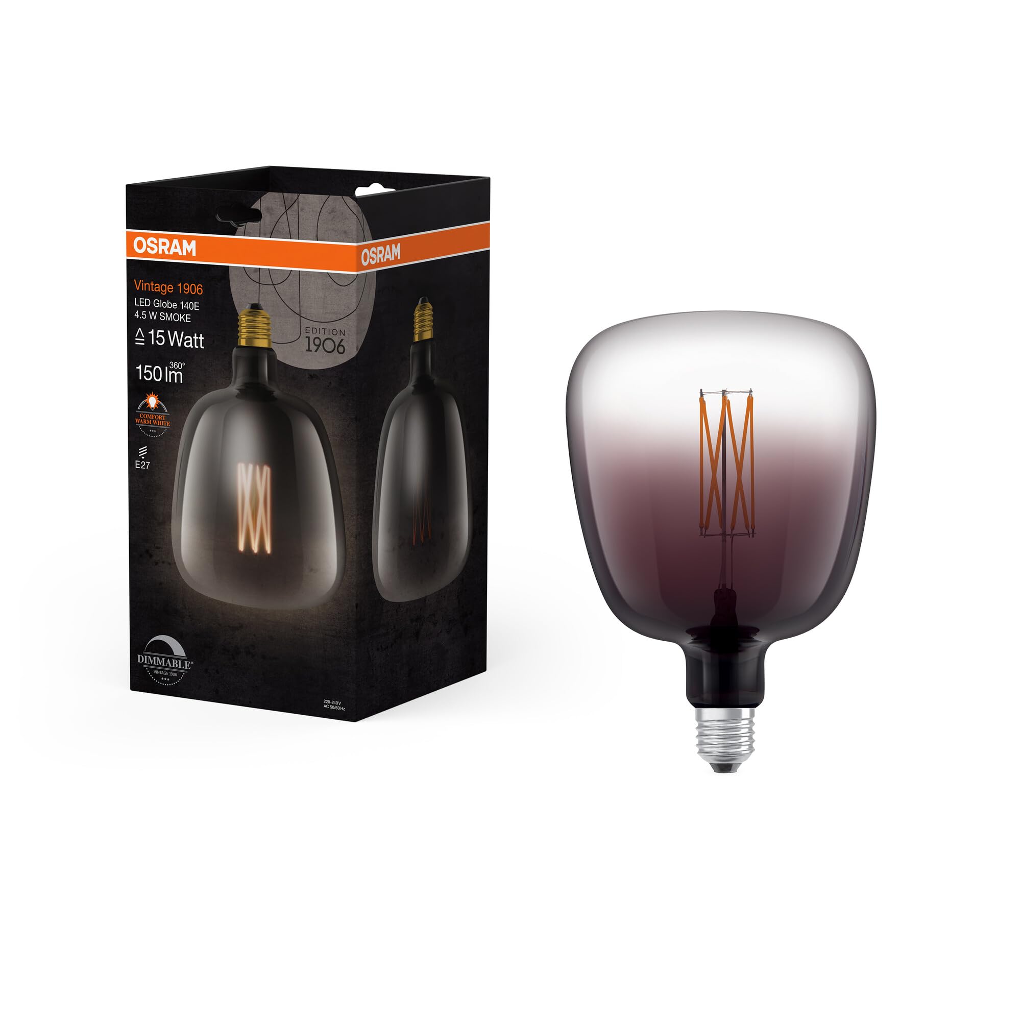 osram-vintage-1906-ampoule-led-globe-teint-e-fum-e-140-mm-culot-e27-filament-dro image 1