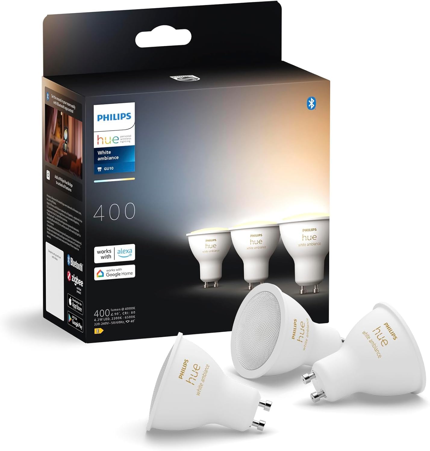 philips-hue-white-ambiance-ampoule-led-connect-e-gu10-pack-de-3-400-lumens-bluet image 1