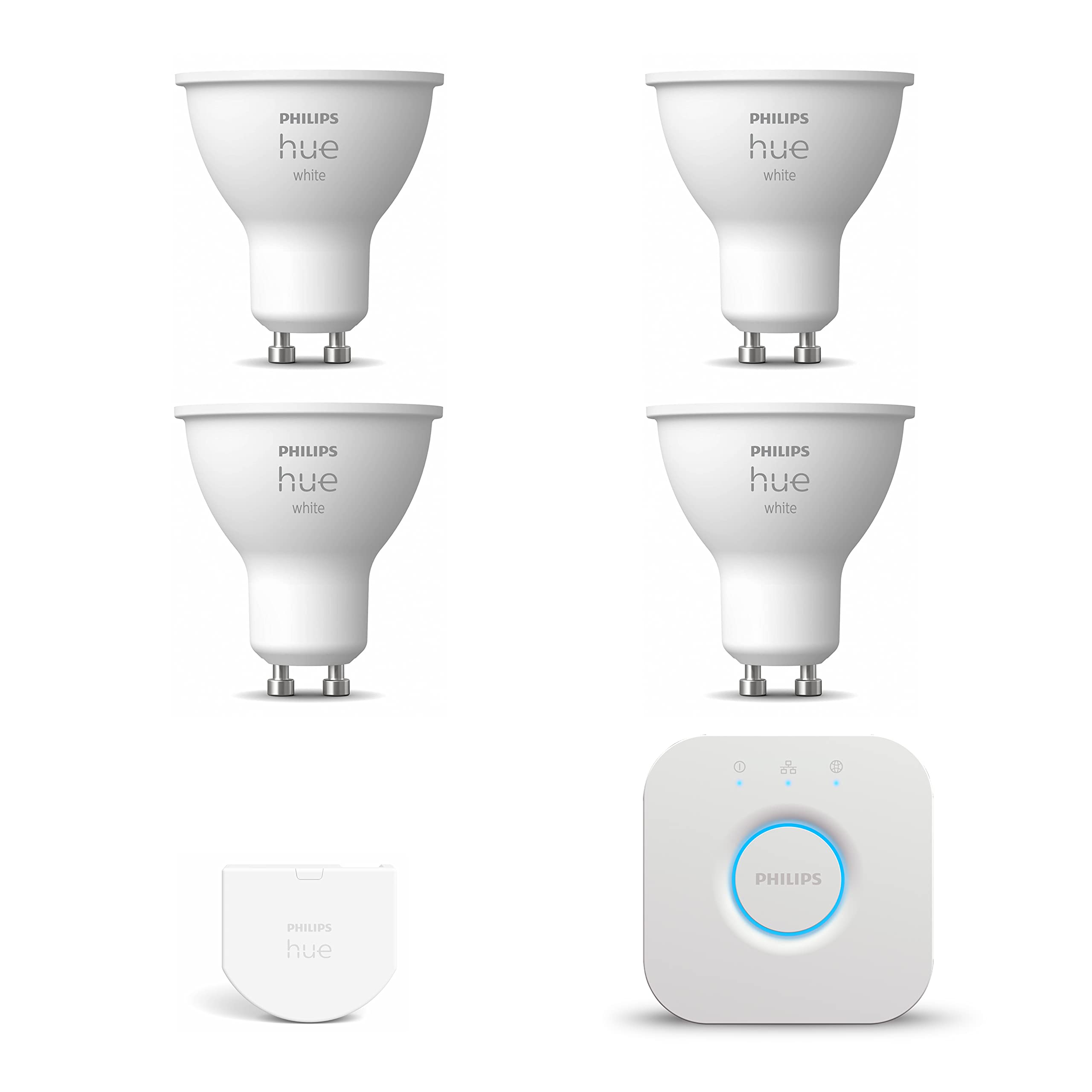 philips-hue-white-kit-de-d-marrage-gu10-4-spots-lumi-re-blanche-chaude-hue-bridg image 1