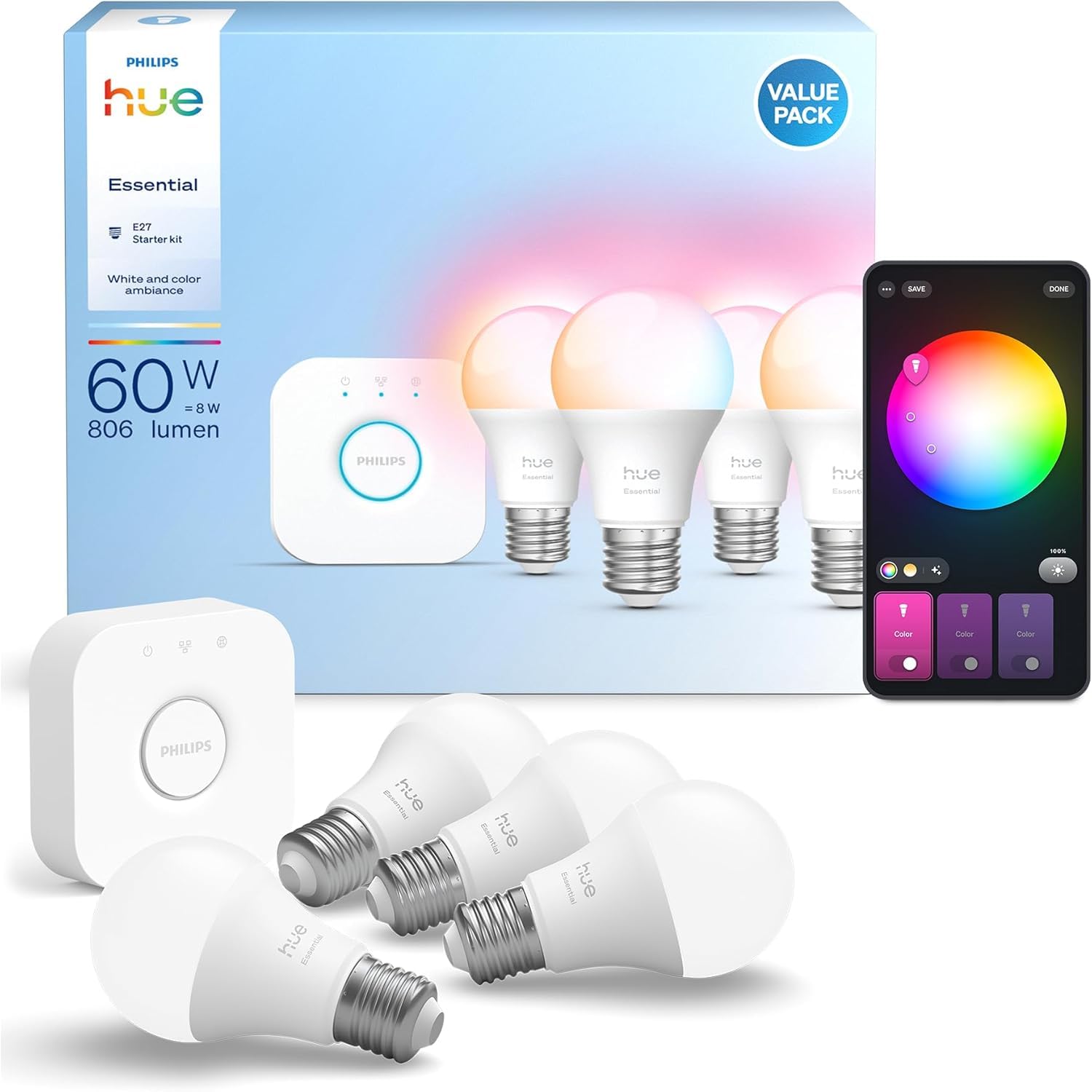 philips-hue-essential-kit-de-d-marrage-hue-bridge-4-ampoules-connect-es-e27-whit image 1