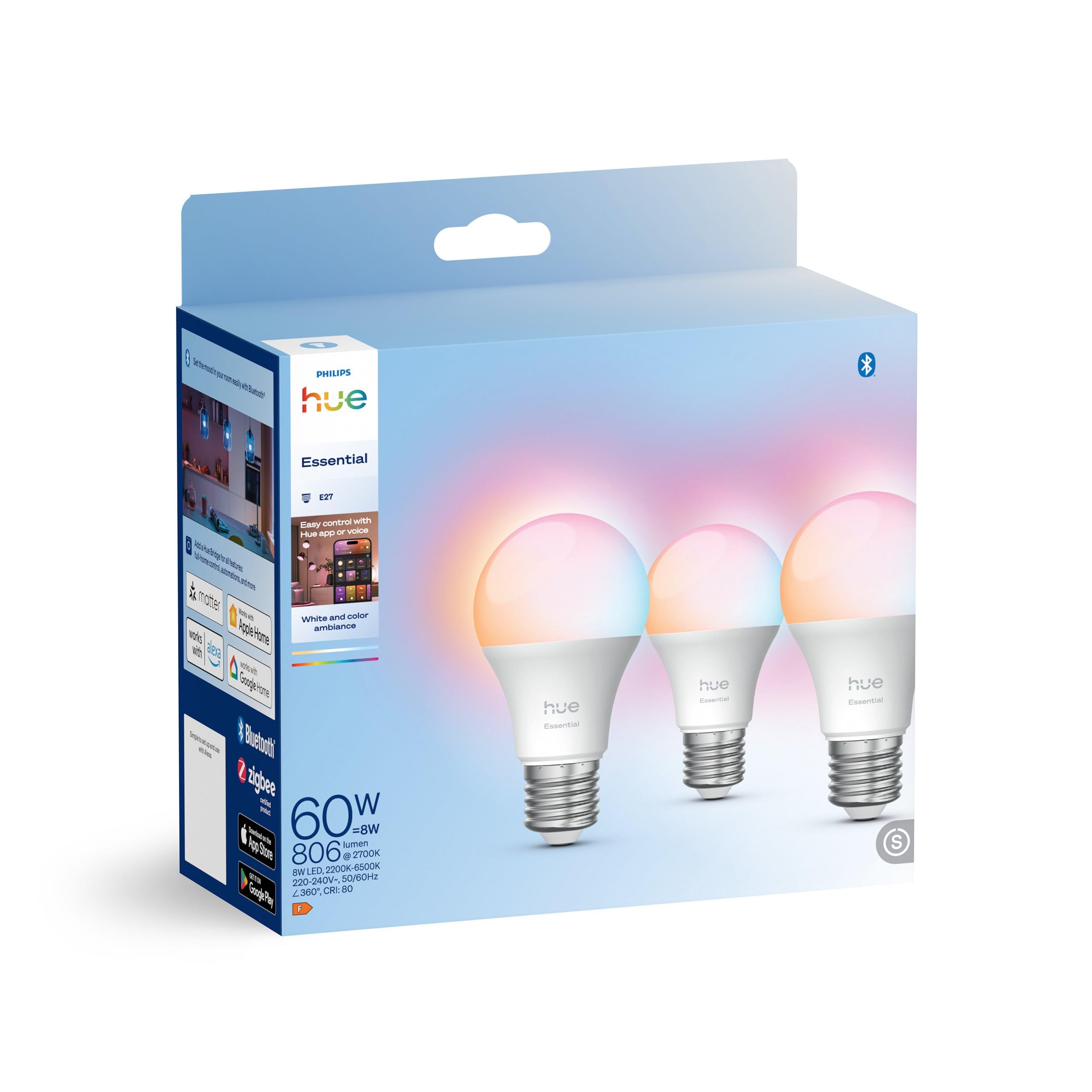 philips-hue-essential-lot-de-3-ampoules-e27-a60-lumi-re-blanche-et-color-e-8-w-b image 2