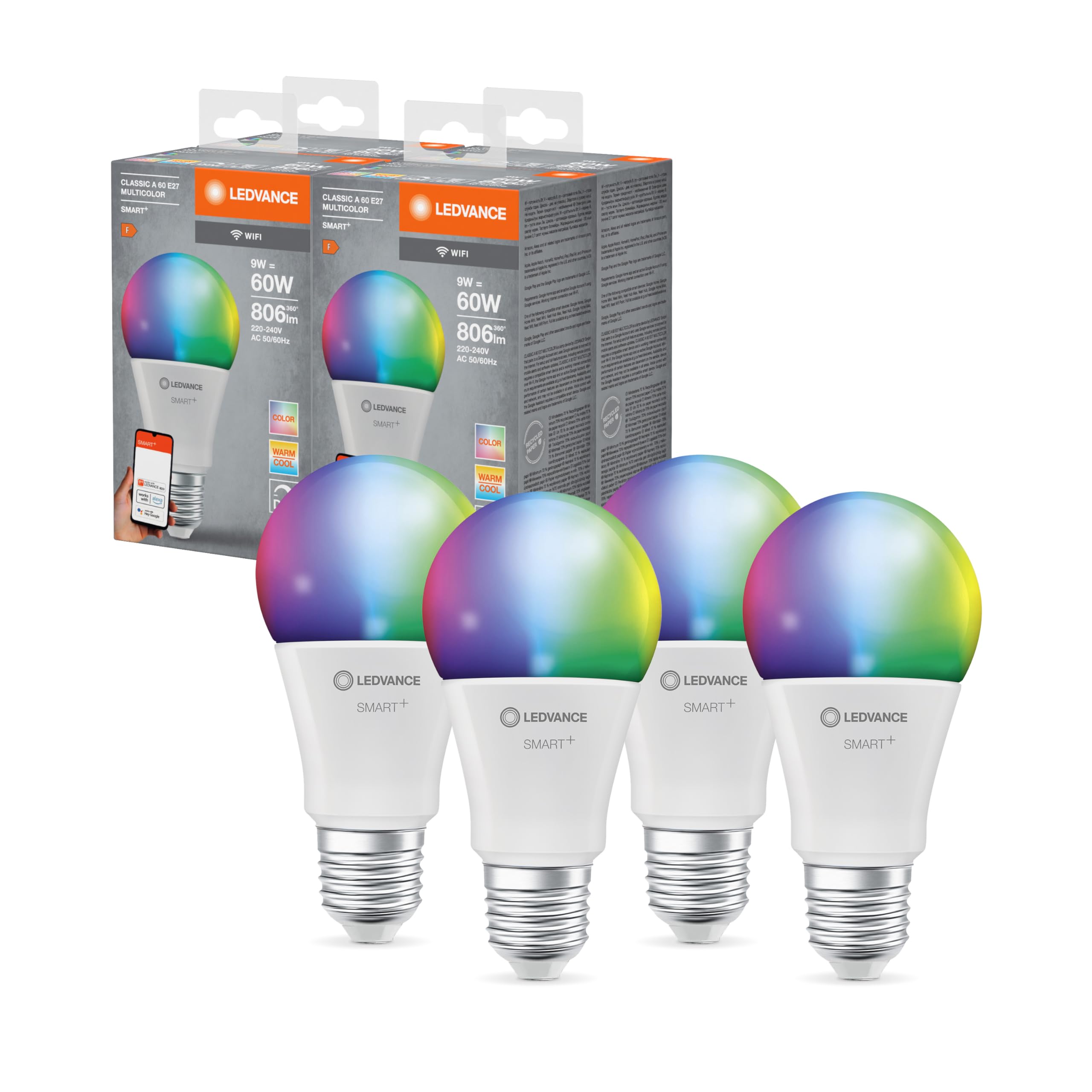 ledvance-smart-wifi-led-lot-de-4-ampoules-e27-rvbw-9-w-806-lm-forme-classique-bl image 1