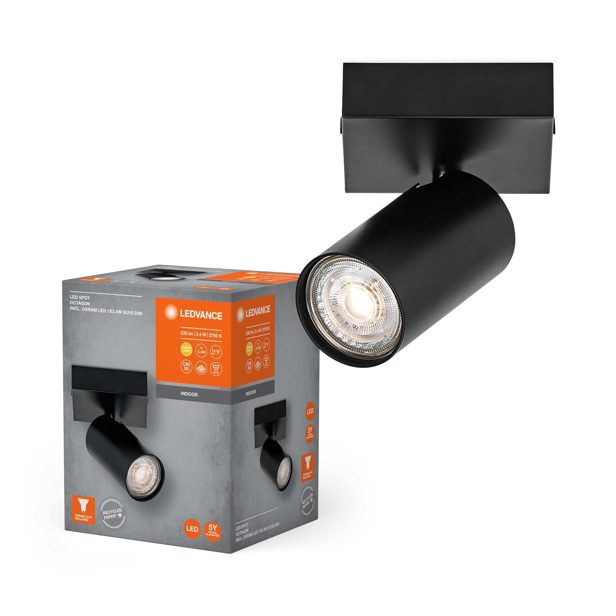 ledvance-led-spot-octagon-1x3-4w-gu10-927-noir-acier-inoxydable-spot-orientable- image 1
