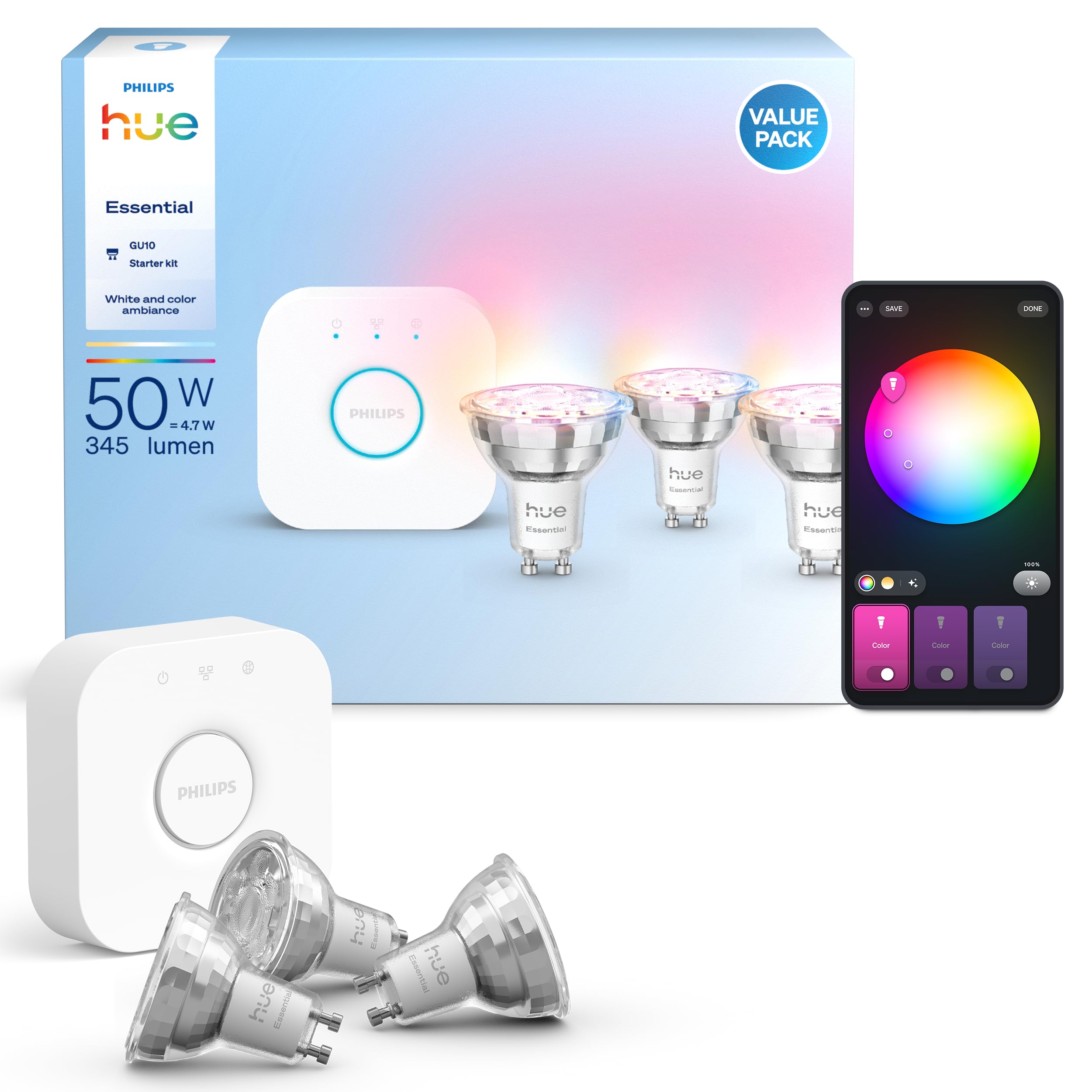 philips-hue-essential-lot-de-3-spots-gu10-345-lm-ampoules-connect-es-blanc-r-gla image 2