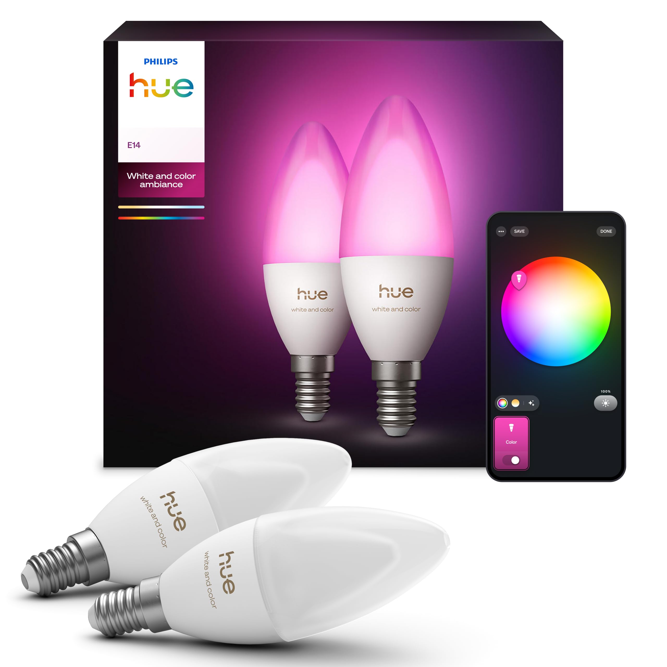 philips-hue-white-color-ambiance-e14-pack-de-2-ampoules-led-connect-es-16-millio image 1