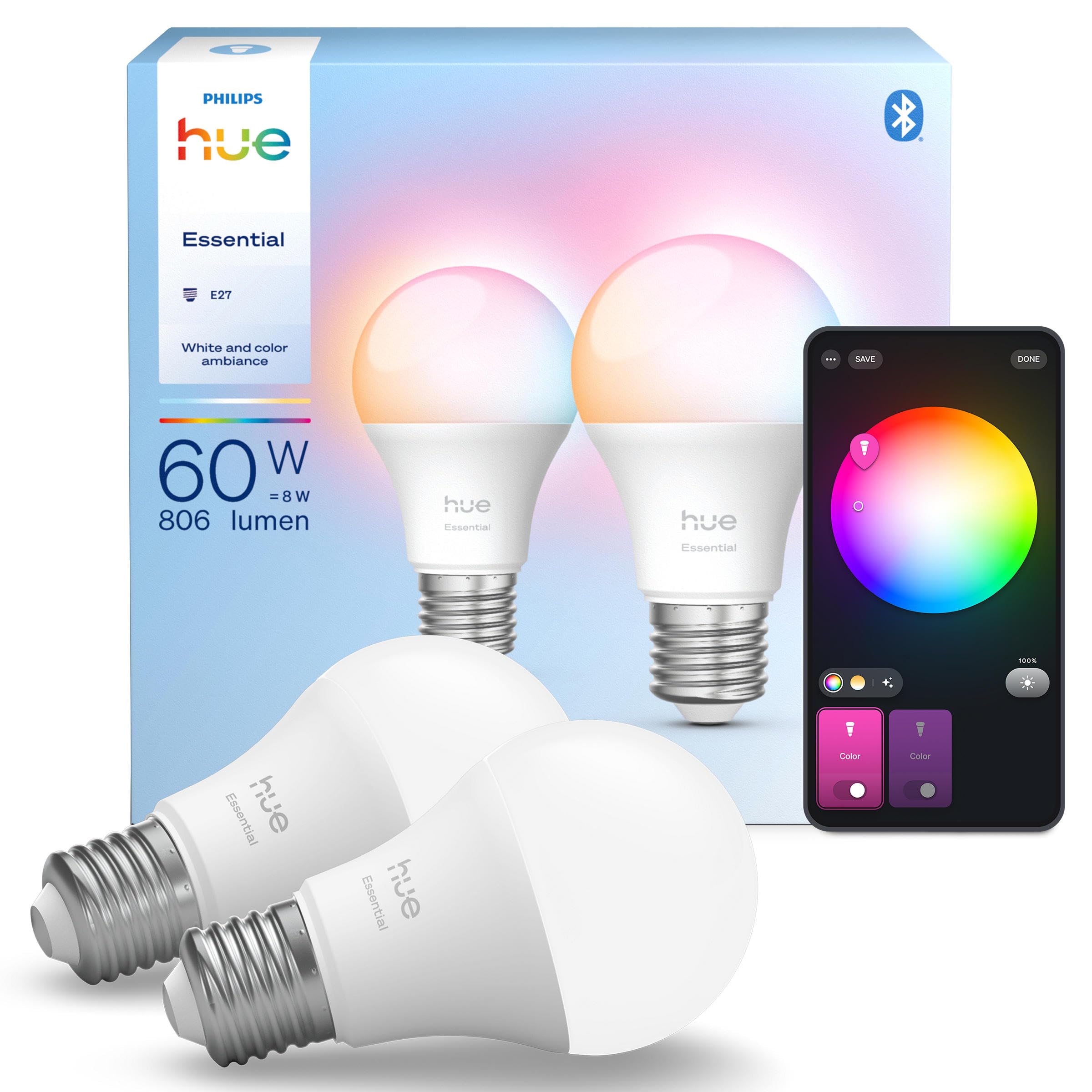 philips-hue-essential-ampoule-led-intelligente-a60-b22-blanc-et-couleur-lot-de-2 image 1