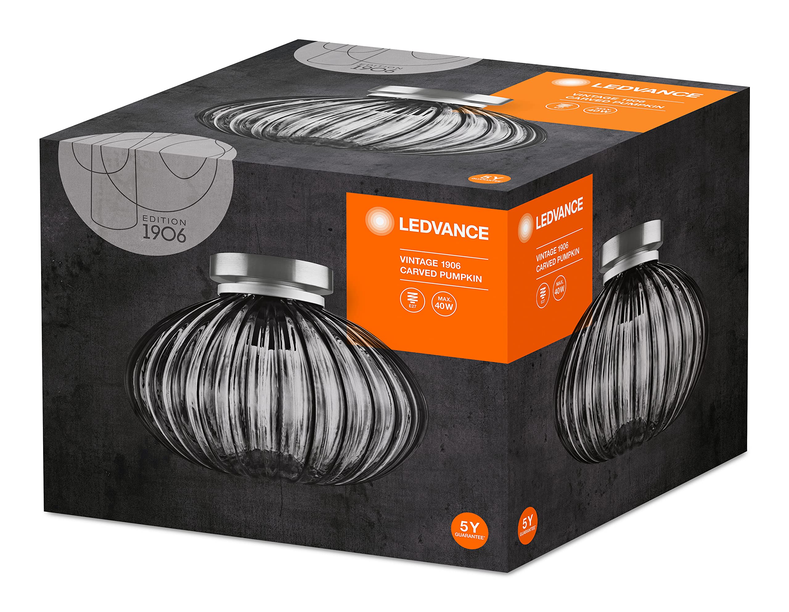 ledvance-edition-1906-carved-pumpkin-plafonnier-vintage-en-verre-gris-fum-culot- image 2